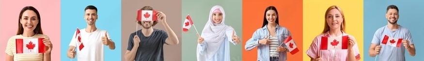 A diverse group of people holding Canadian flags, symbolizing immigration to Canada.